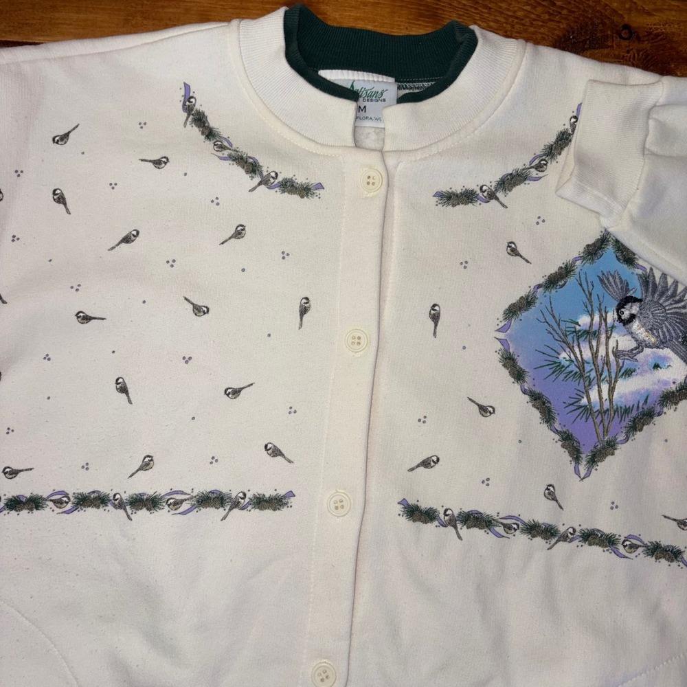 Vintage Artisans Designs Cardigan Sweatshirt Wmn S-M Winter Chickadee Bird Print